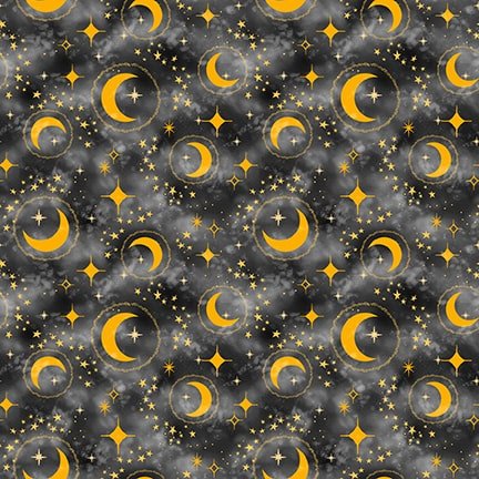 Crescent Moons and Stars in Charcoal - Celestial Galaxy - Blank Quilting