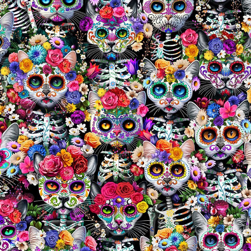 Packed Cat and Florals in Multi - Day of The Dead - Timeless Treasures