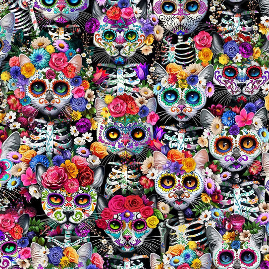 Packed Cat and Florals in Multi - Day of The Dead - Timeless Treasures