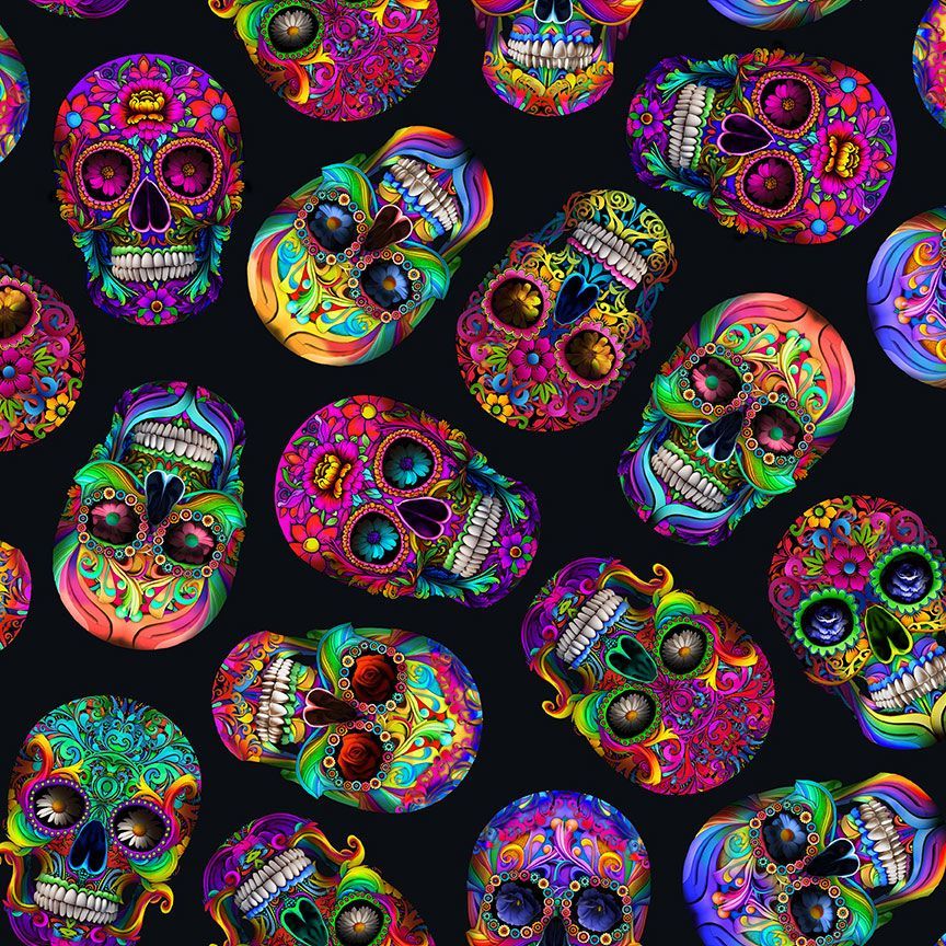 Sugar Skulls in Black - Day of the Dead - Timeless Treasures