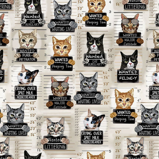 Cat Mugshots in Beige - Quirky Cats - Timeless Treasures